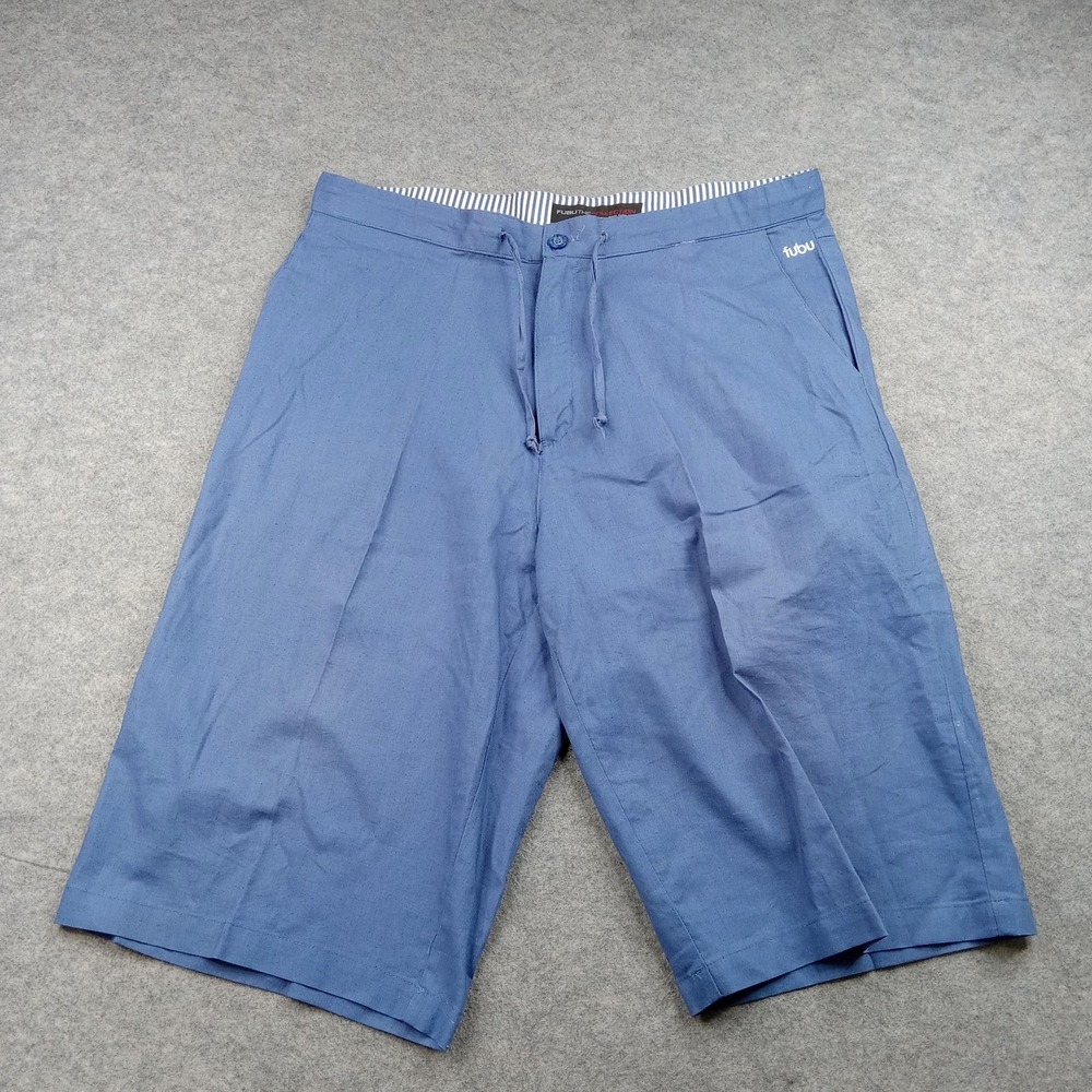 FUBU Shorts Mens 38 Blue Linen Cotton Chino 12 Inseam Drawstring Relaxed‎ Fit
